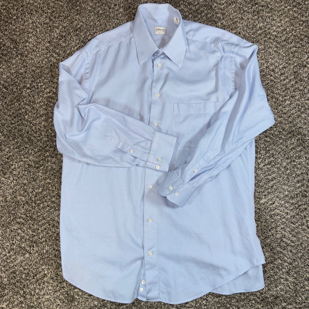 Vintage Armani Collezioni 16 41 Light Blue Twill Button Up Dress Shirt Italy